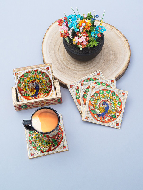 

Golden Peacock Set of 6 White & Red Minakari Peacock Design Wooden Handcrafted Coaster With Holder