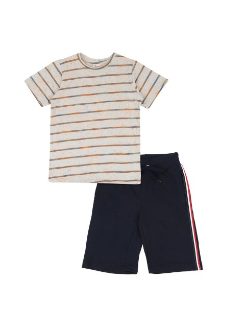 

RAINE AND JAINE Boys Beige & Navy Blue Striped T-shirt with Shorts