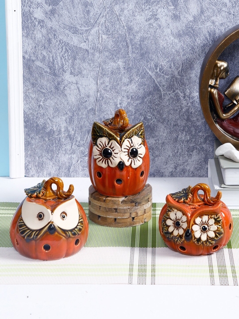 

TAYHAA Set Of 3 Orange & Off White Handcrafted Halloween Owl Tealights Candle Holders