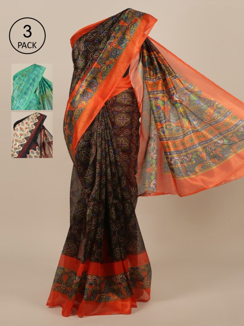 

Pothys Pack Of 3 Ethnic Motifs Jute Silk Sarees, Black