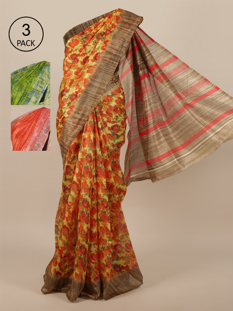 

Pothys Pack Of 3 Floral Jute Silk Sarees, Yellow