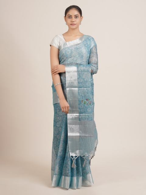 Pothys Blue Floral Mirror Work Tissue Saree