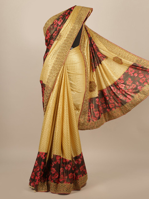 

Pothys Golden & Red Floral Jute Silk Saree, Gold