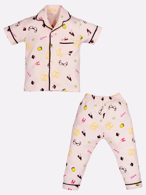 

BABY GO Girls Peach-Coloured & Yellow Printed Night suit