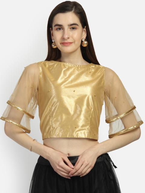 

studio rasa Gold-Toned Embellished Net Regular Crop Top