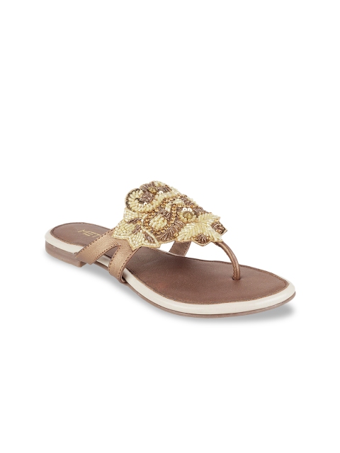 Metro Women Gold Embellished T-Strap Flats