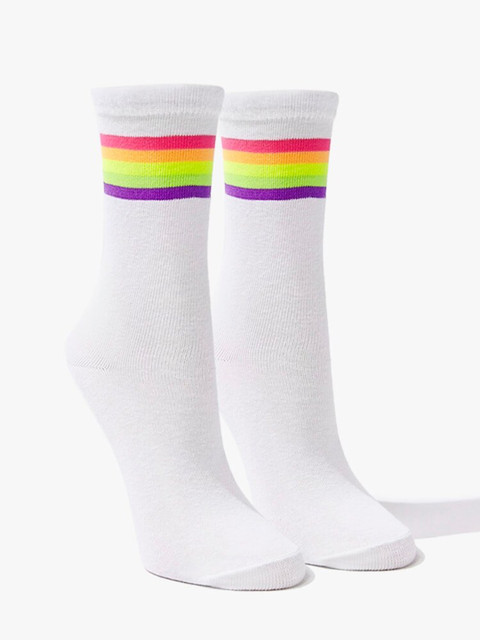 

FOREVER 21 Women White & Pink Striped Above Ankle Socks