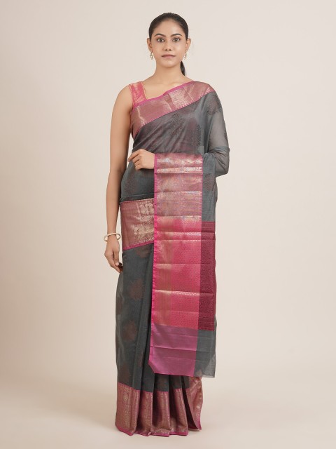 

Pothys Grey & Pink Ethnic Motifs Embroidered Cotton Blend Saree