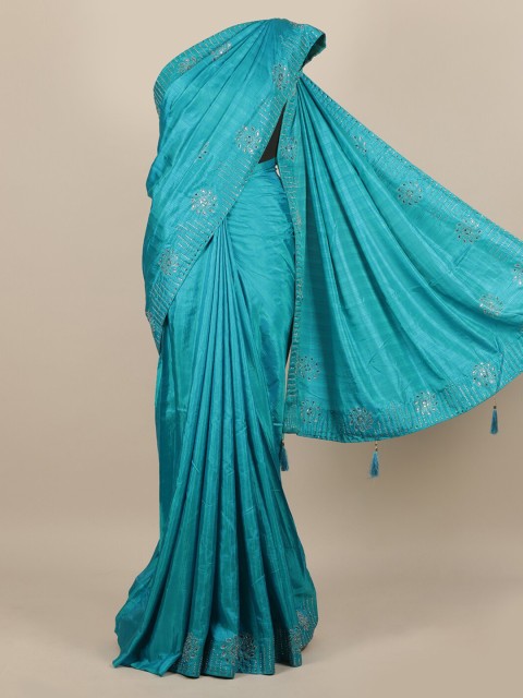 

Pothys Blue & Off White Beads and Stones Jute Silk Saree