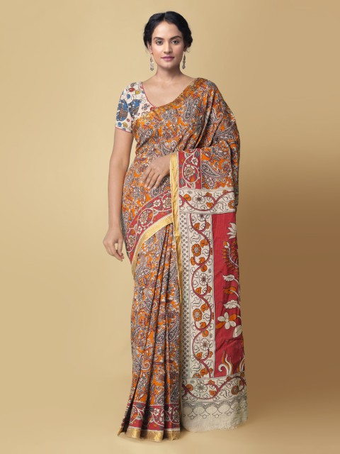 

Unnati Silks Orange & Beige Kalamkari Pure Cotton Kanjeevaram Saree
