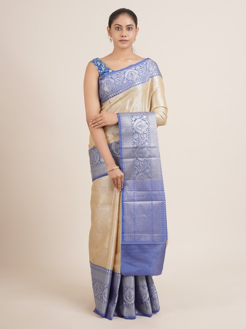 

Pothys Cream-Coloured & Blue Ethnic Motifs Zari Tissue Saree