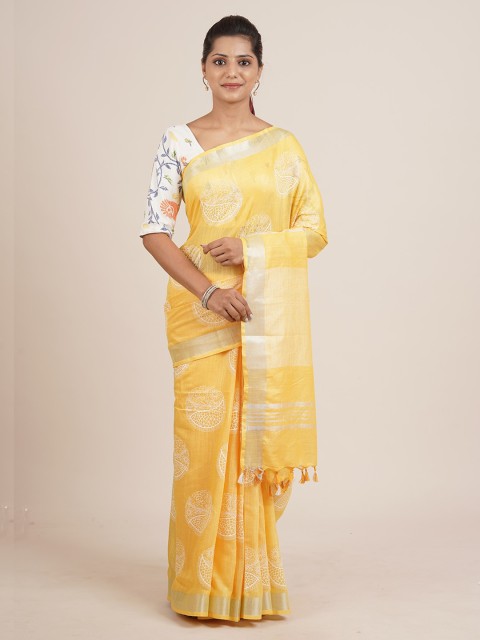 

Pothys Yellow Ethnic Motifs Pure Linen Saree