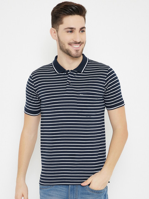 

Okane Men Navy Blue Striped Polo Collar T-shirt