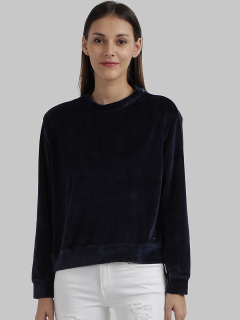 

Parx Women Navy Blue Solid Velour Sweatshirt