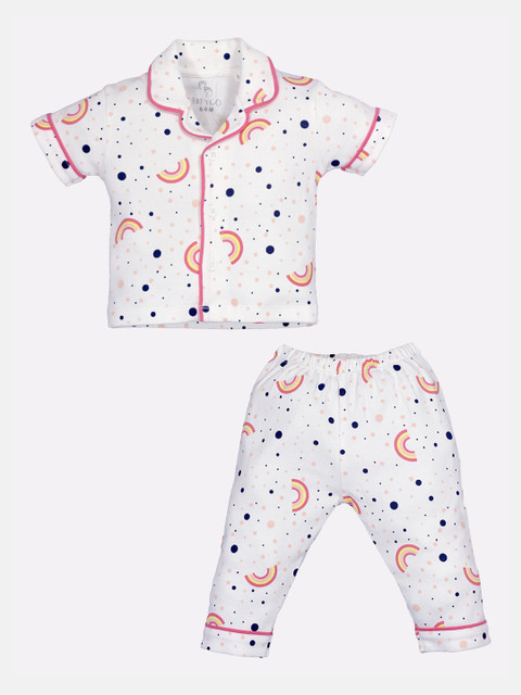 

BABY GO Girls White & Coral Printed Pure Cotton Night suit
