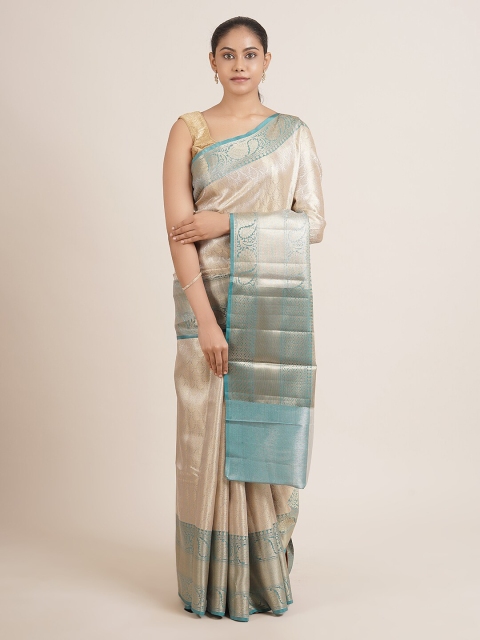 

Pothys Cream-Coloured & Blue Ethnic Motifs Zari Tissue Saree