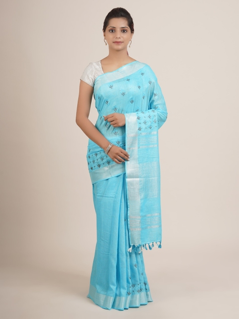 

Pothys Turquoise Blue Ethnic Motifs Embroidered Pure Linen Saree