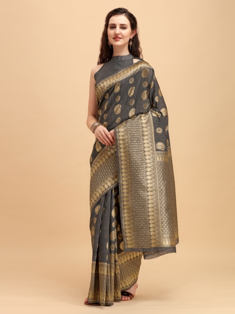 

House of Pataudi Grey & Gold Ethnic Motifs Zari Woven Cotton Blend Traditional Saree