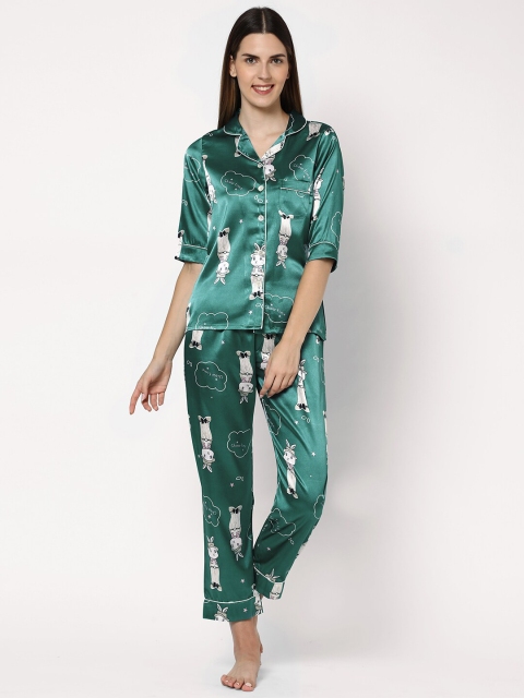 

Sweet Dreams Women Green & White Printed Night Suit