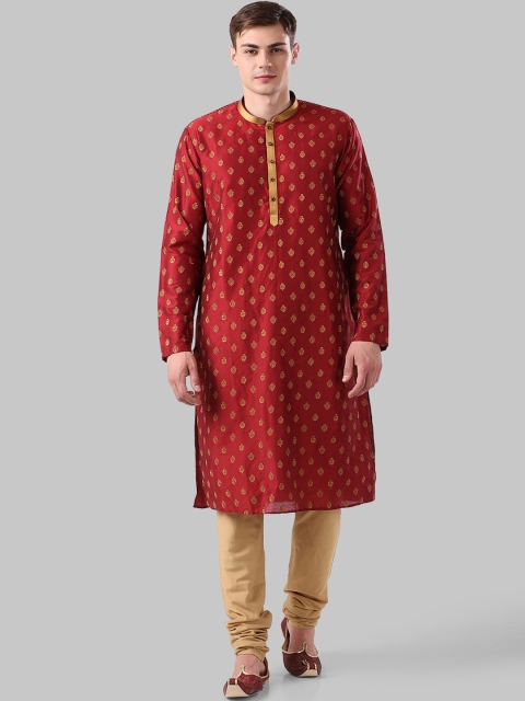 

Ethnix by Raymond Men Maroon & Gold Ethnic Motifs Embroidered Kantha Work Kurta