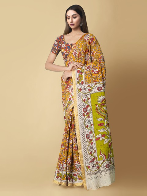 

Unnati Silks Yellow & Green Kalamkari Zari Pure Cotton Kanjeevaram Handloom Saree