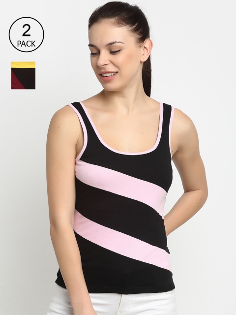 

Friskers Women Pack of 2 Black & Yellow Colourblocked Pure Cotton Tank Top