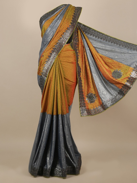 

Pothys Grey & Mustard Embellished Beads and Stones Jute Silk Heavy Work Saree