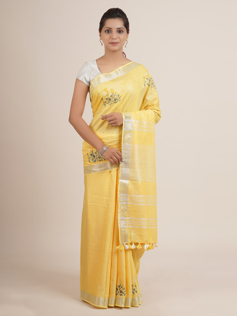 

Pothys Yellow Ethnic Motifs Pure Linen Saree