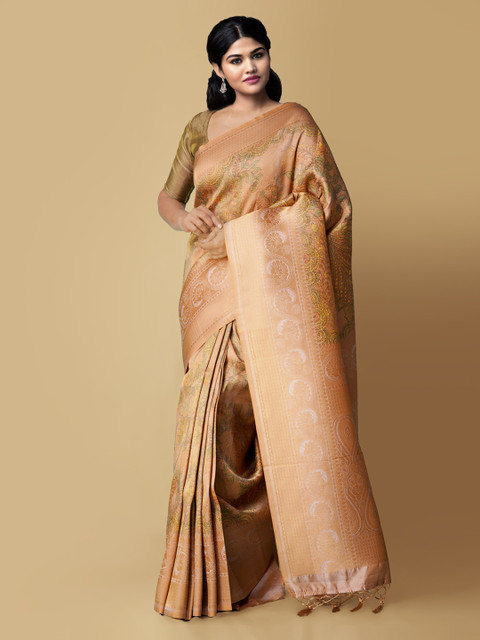 

Unnati Silks Orange Woven Design Zari Silk Cotton Saree Banarasi