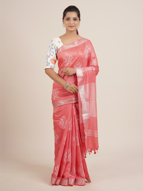 

Pothys Pink Ethnic Motifs Pure Linen Saree