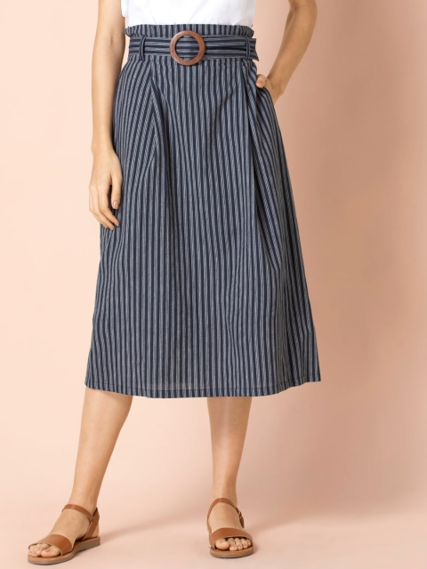 

Earthen BY INDYA Navy Striped Belted Paperbag Midi Skirt, Navy blue