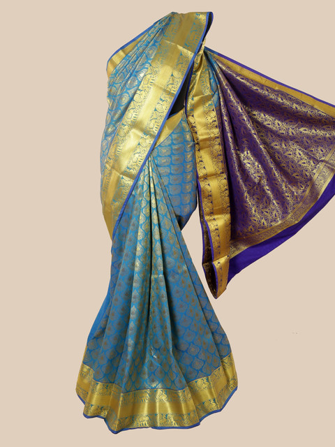 

Pothys Turquoise Blue & Gold Ethnic Motifs Zari Pure Silk Kanjeevaram Saree