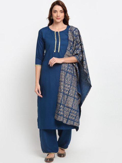 

KALINI Women Blue Embroidered Panelled Straight Kurti with Palazzos & With Dupatta