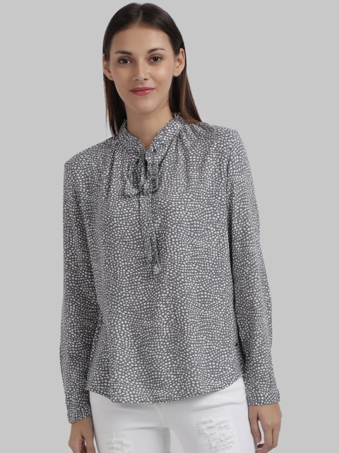 

Parx Grey Printed Tie-Up Neck Regular Top
