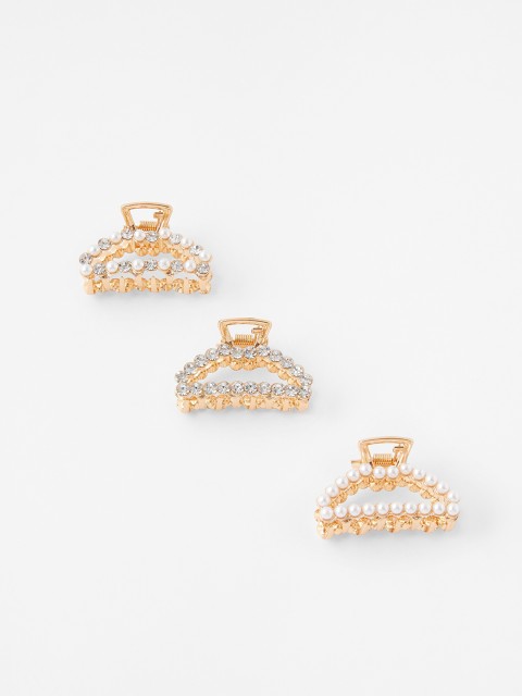 

Accessorize Women Set of 3 Gold-Toned & White Embellished Claw Clip