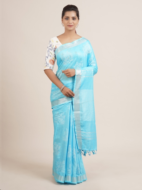 

Pothys Blue & Silver-Coloured Ethnic Motifs Linen Blend Saree