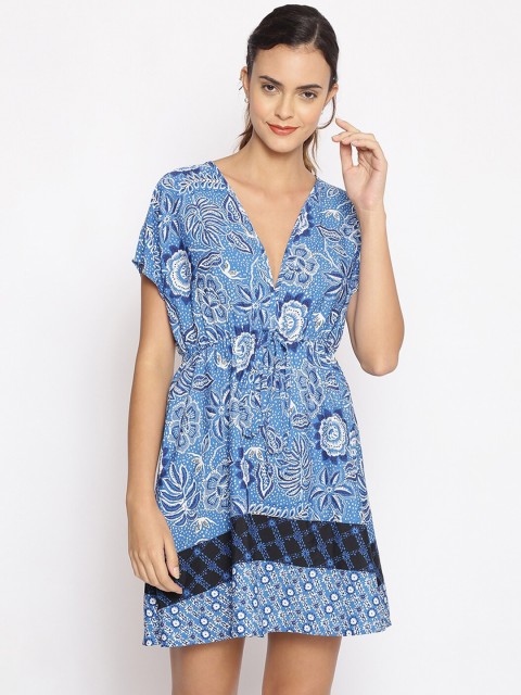 

Oxolloxo Women Blue & White Printed Beachwear Cover-up Dress