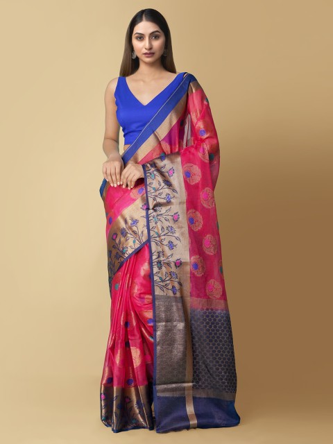 

Unnati Silks Pink & Navy Blue Ethnic Motifs Zari Silk Cotton Handloom Banarasi Saree