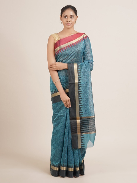 

Pothys Blue Ethnic Motifs Cotton Blend Chanderi Saree