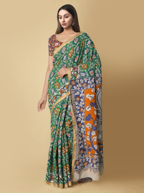 

Unnati Silks Green & Blue Kalamkari Zari Pure Cotton Kanjeevaram Saree