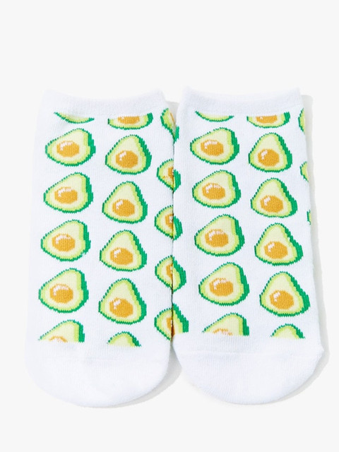 

FOREVER 21 Women White & Green Avocado Print Ankle-Length Socks