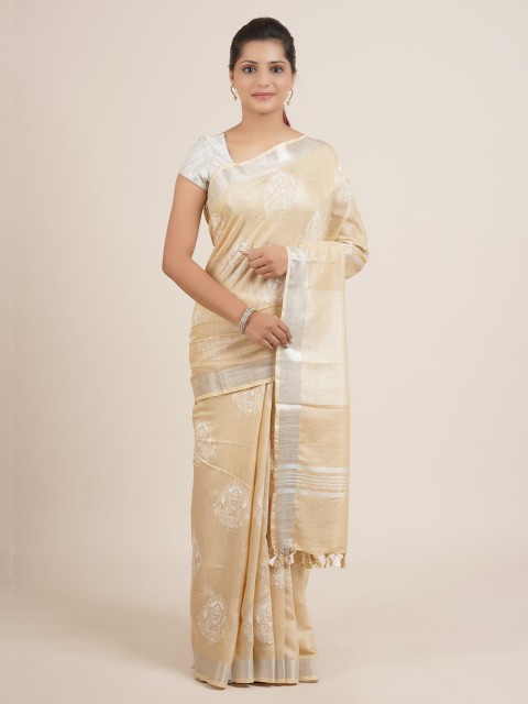 

Pothys Cream-Coloured Ethnic Motifs Pure Linen Saree