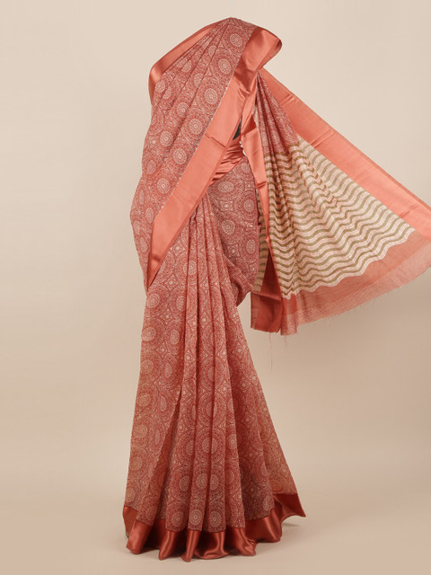 

Pothys Peach-Coloured Ethnic Motifs Printed Jute Silk Saree