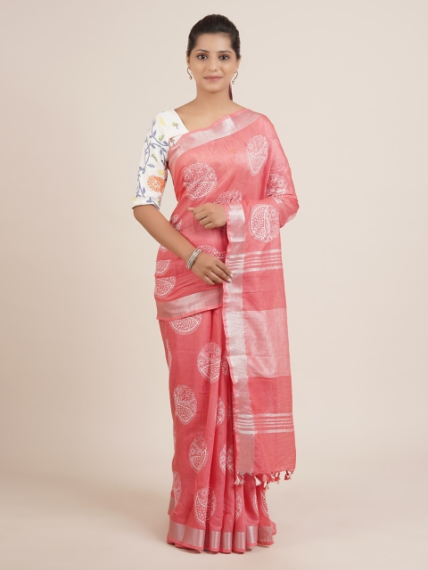 

Pothys Pink Ethnic Motifs Pure Linen Saree