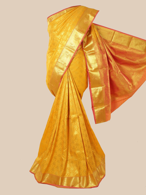 

Pothys Yellow & Gold Ethnic Motifs Zari Pure Silk Kanjeevaram Saree