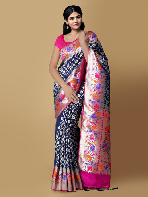 

Unnati Silks Blue & Pink Woven Design Zari Silk Cotton Banarasi Saree