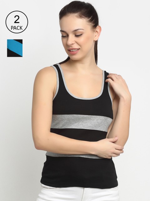 

Friskers Women Pack of 2 Black & Blue Colourblocked Pure Cotton Tank Top