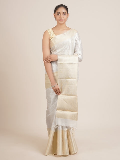 

Pothys Silver-Toned & Cream-Coloured Ethnic Motifs Zari Tissue Saree