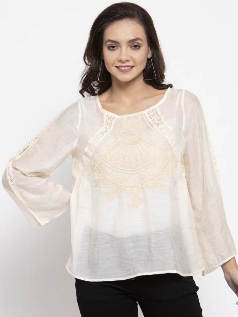 

Global Republic Cream-Coloured Embroidered Regular Top