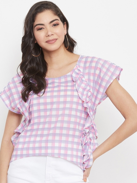 

SECRETS BY ZEROKAATA White & Purple Checked Ruffles Regular Top